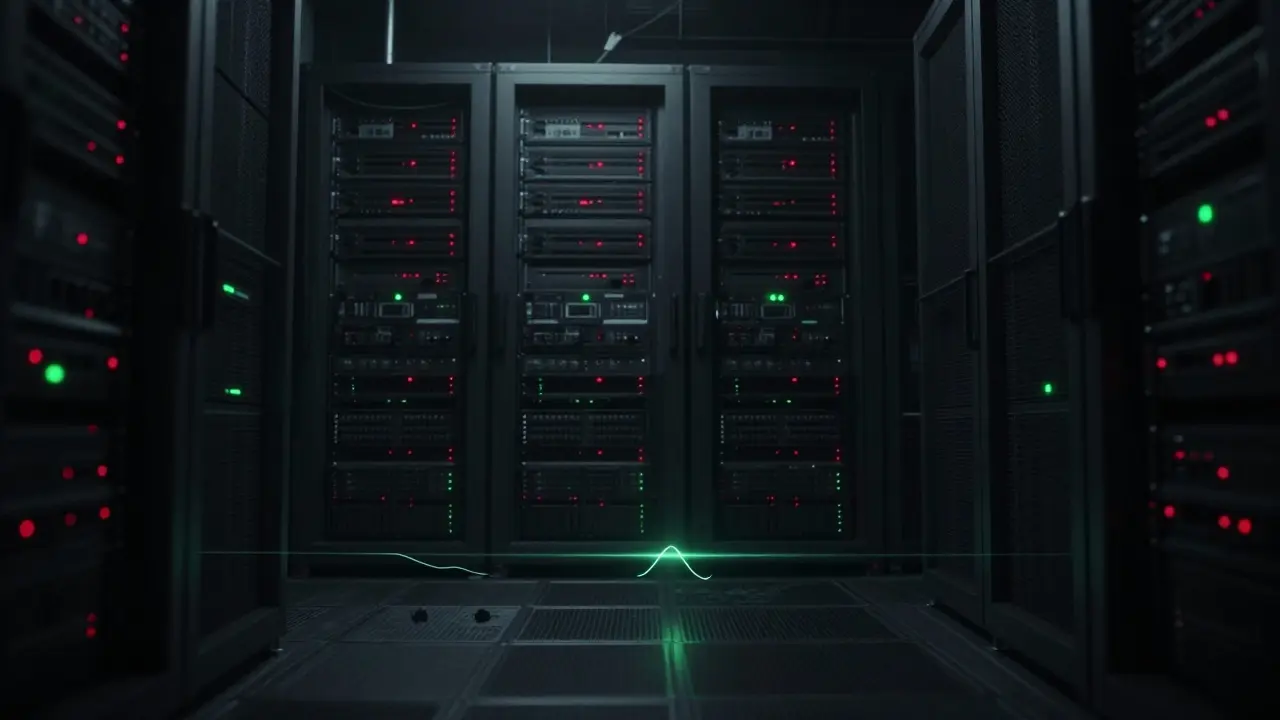 Dim cyberpunk server room with a single weak transaction pulse
