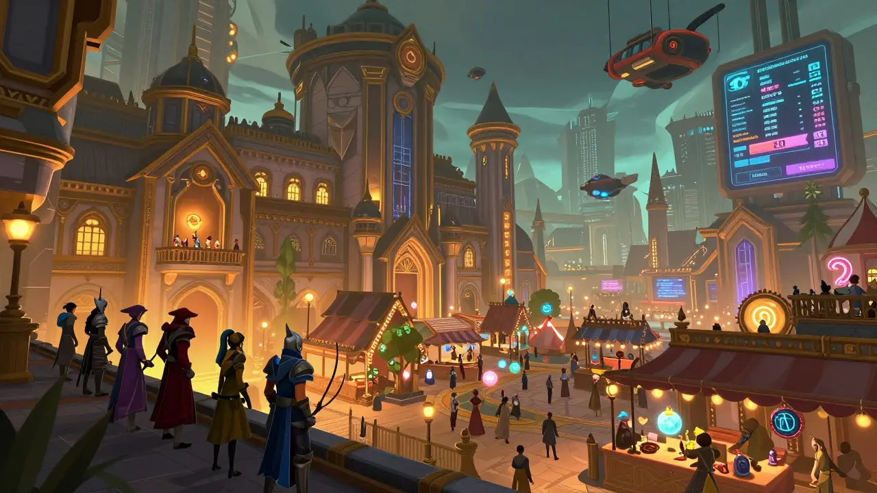 Fantasy characters trading NFTs in neon cybercity