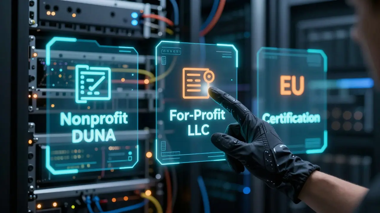 Futuristic AR interface displaying legal structure choices for decentralized organizations