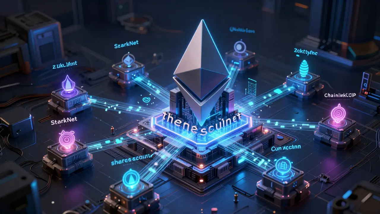 Futuristic cyberpunk view of modular blockchains and sidechains connected by decentralized oracle networks.