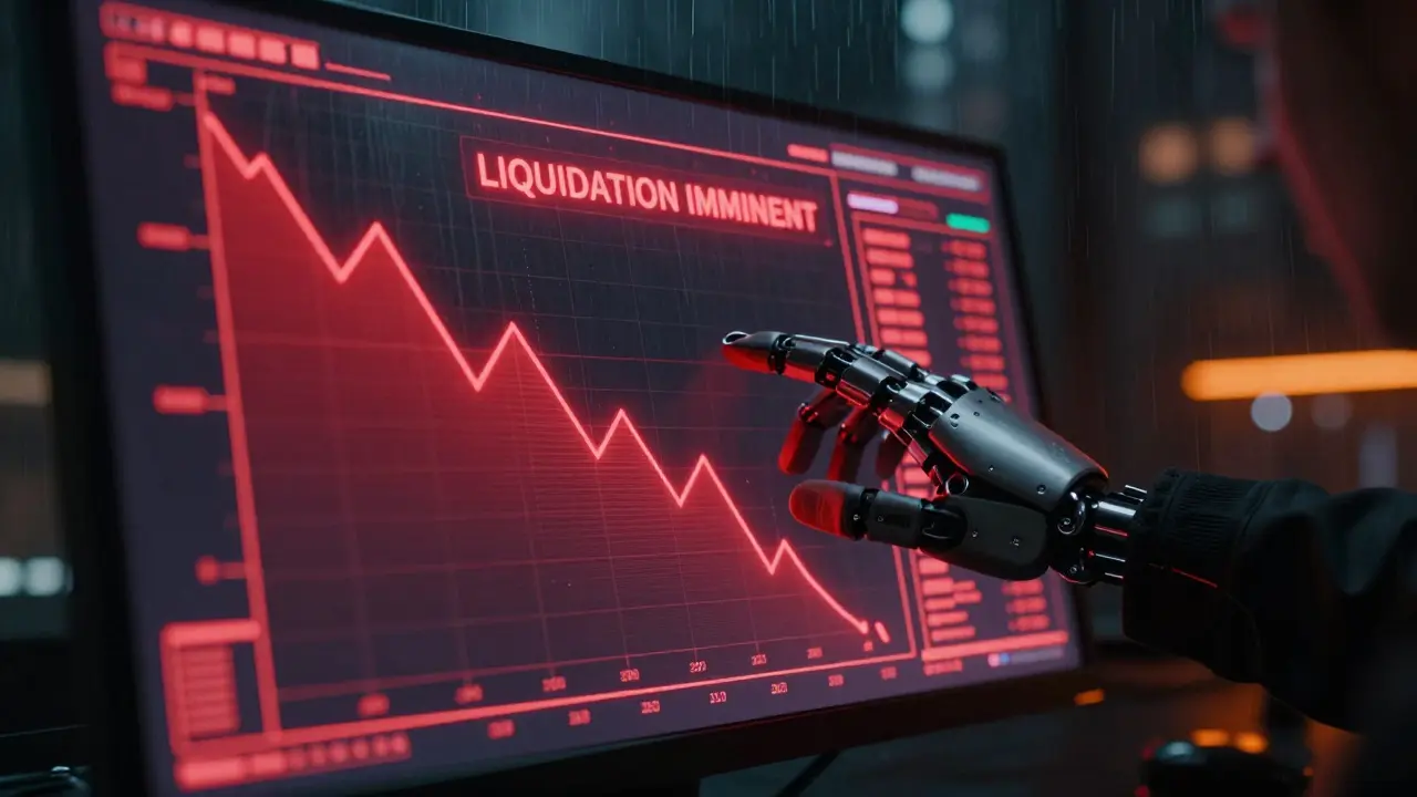 Futuristic dashboard showing red liquidation warning with cybernetic hand