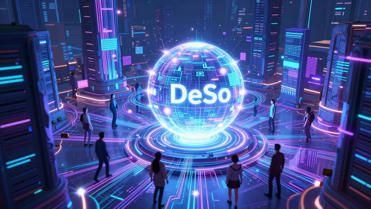 Futuristic digital square showing fast data flow on the DeSo blockchain