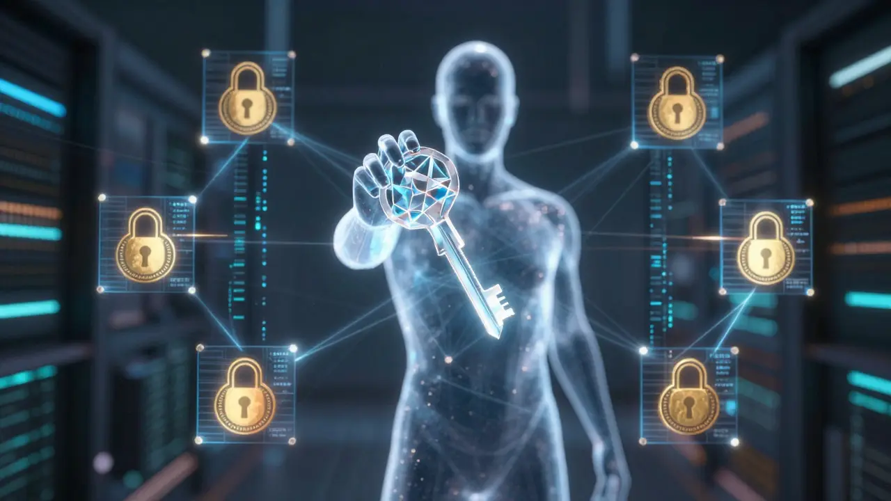 Futuristic illustration of a user securing digital assets with blockchain cryptography.