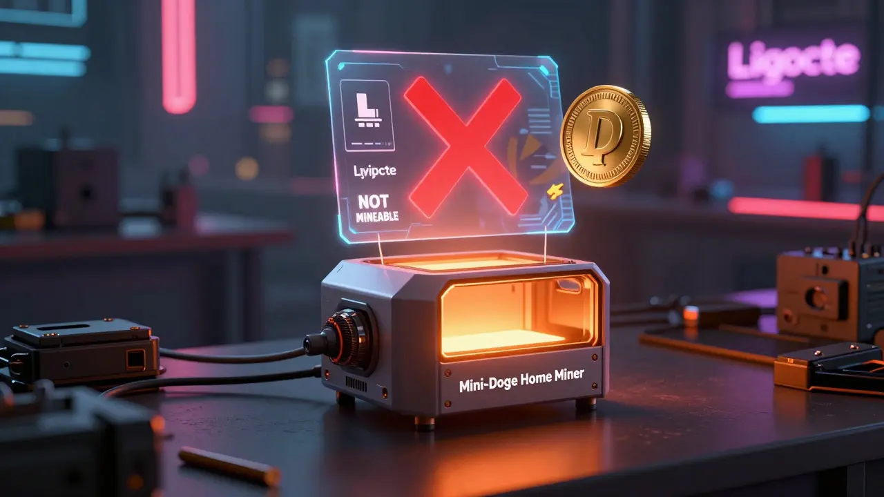 Futuristic miner device with hologram warning about token mining