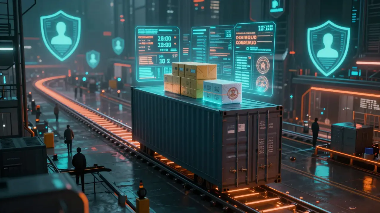 Futuristic supply chain with holographic tracking data in cyberpunk style