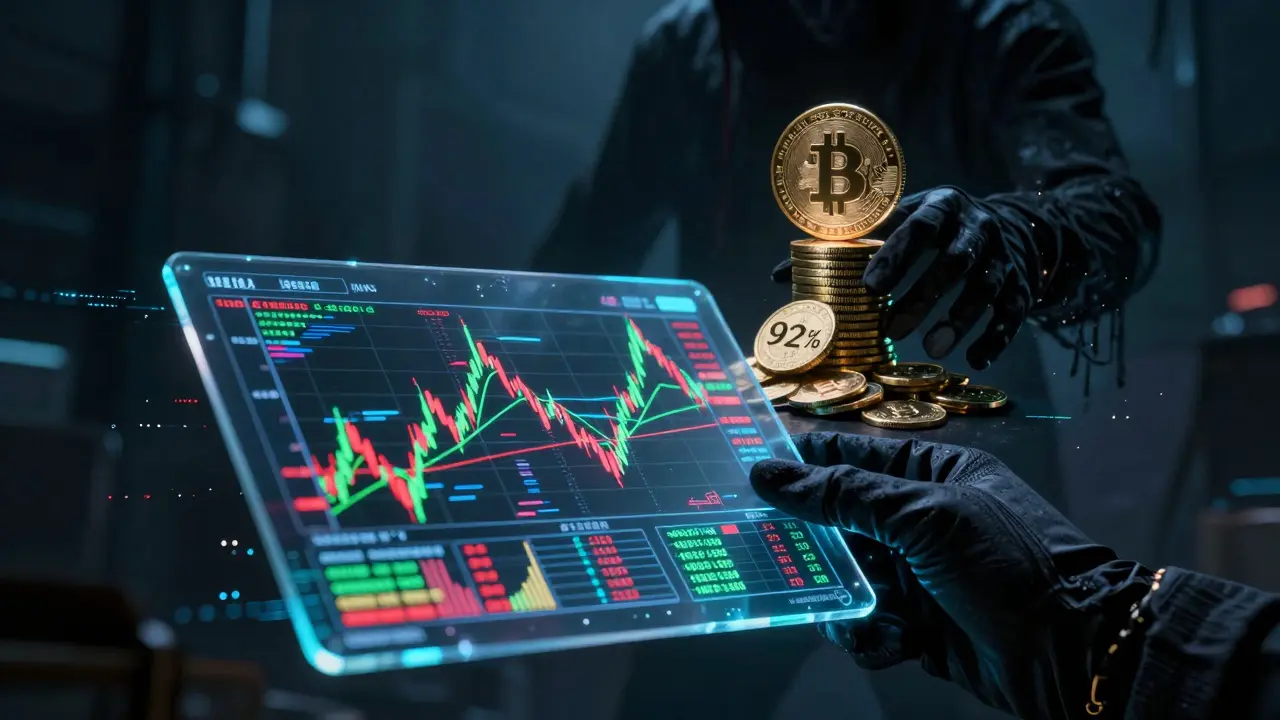 Glitching crypto price charts and locked token supply in a dystopian digital setting.