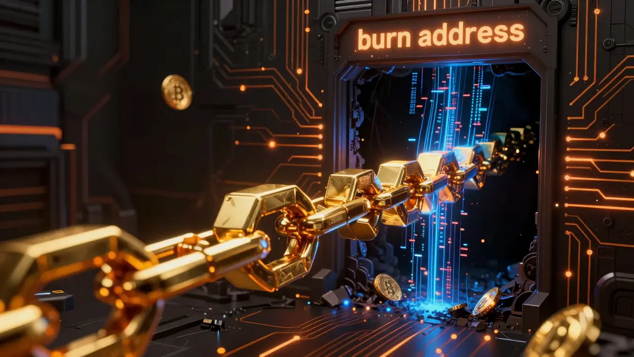 Golden blockchain shrinking into a dark digital void portal