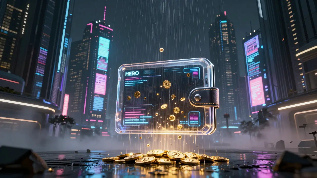 Golden crypto tokens raining into a digital wallet against a neon cyberpunk city backdrop.