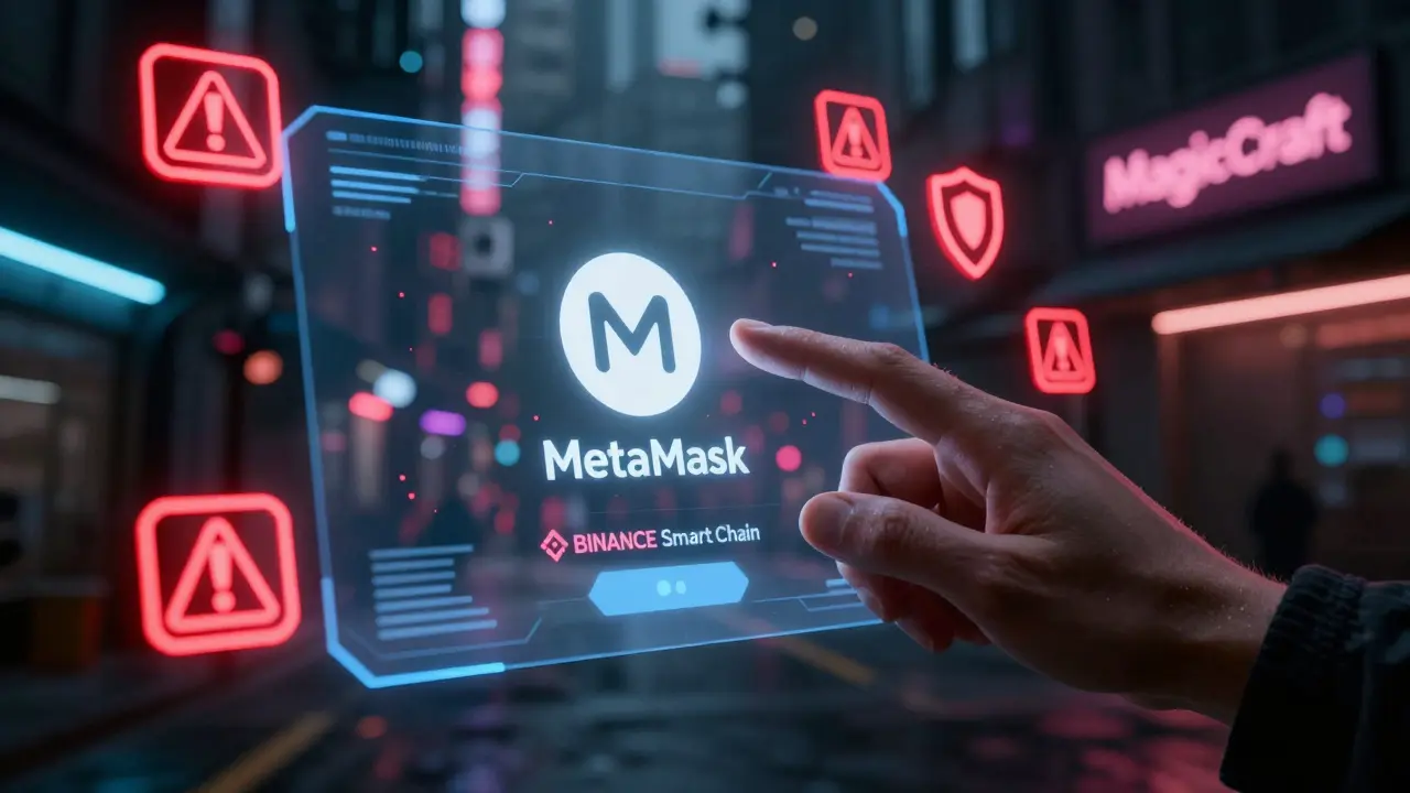 Hand connecting crypto wallet with security warnings
