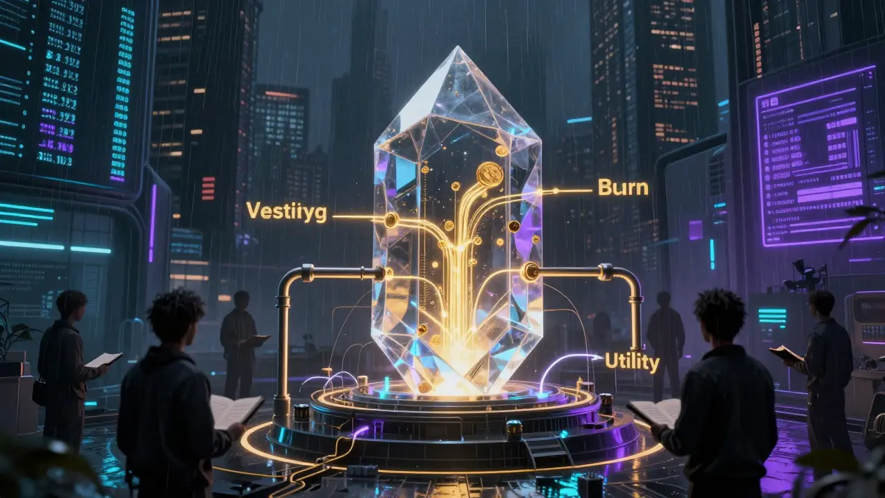 Holographic crystal showing token flow, vesting, and burn mechanisms