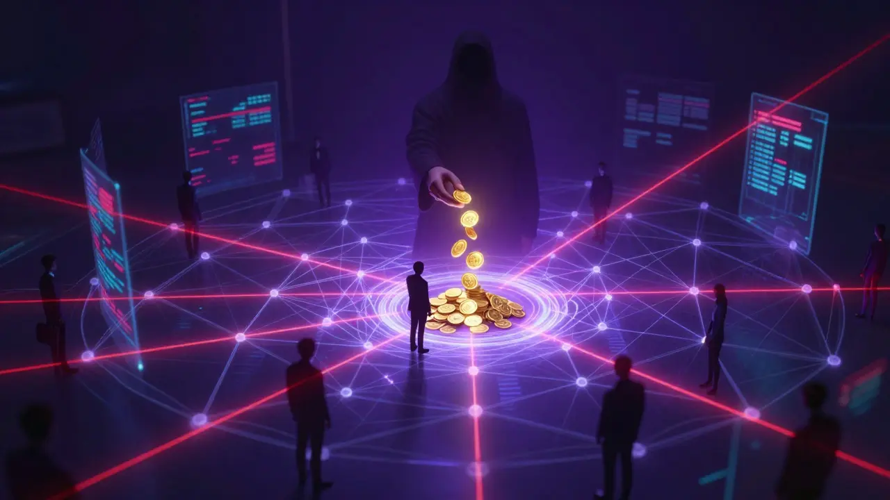 Holographic diagram of a Ponzi scheme draining investor funds