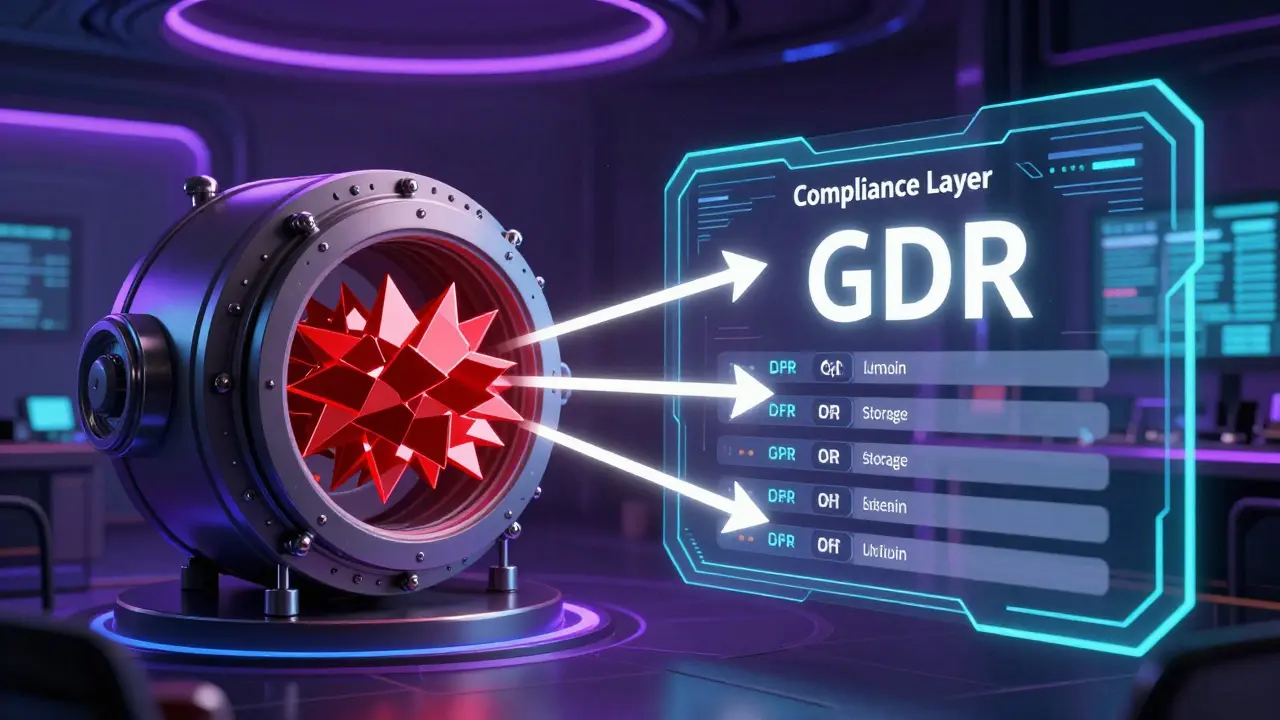 Holographic interface separating sensitive data from blockchain hashes in a tech lab