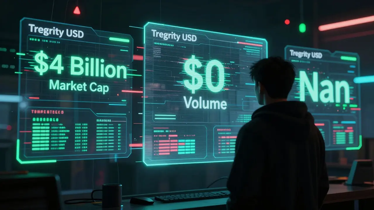 Holographic screens showing contradictory market data for obscure crypto token.