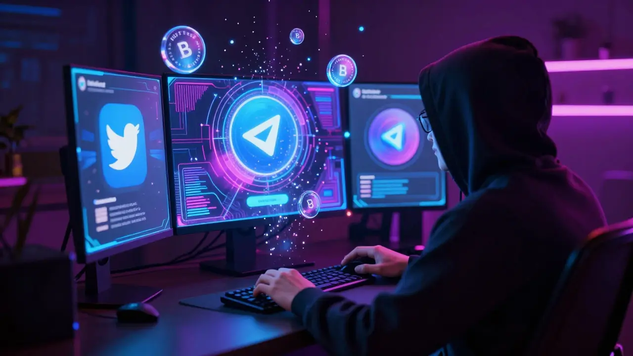 Hooded figure interacting with holographic social media icons and floating crypto tokens