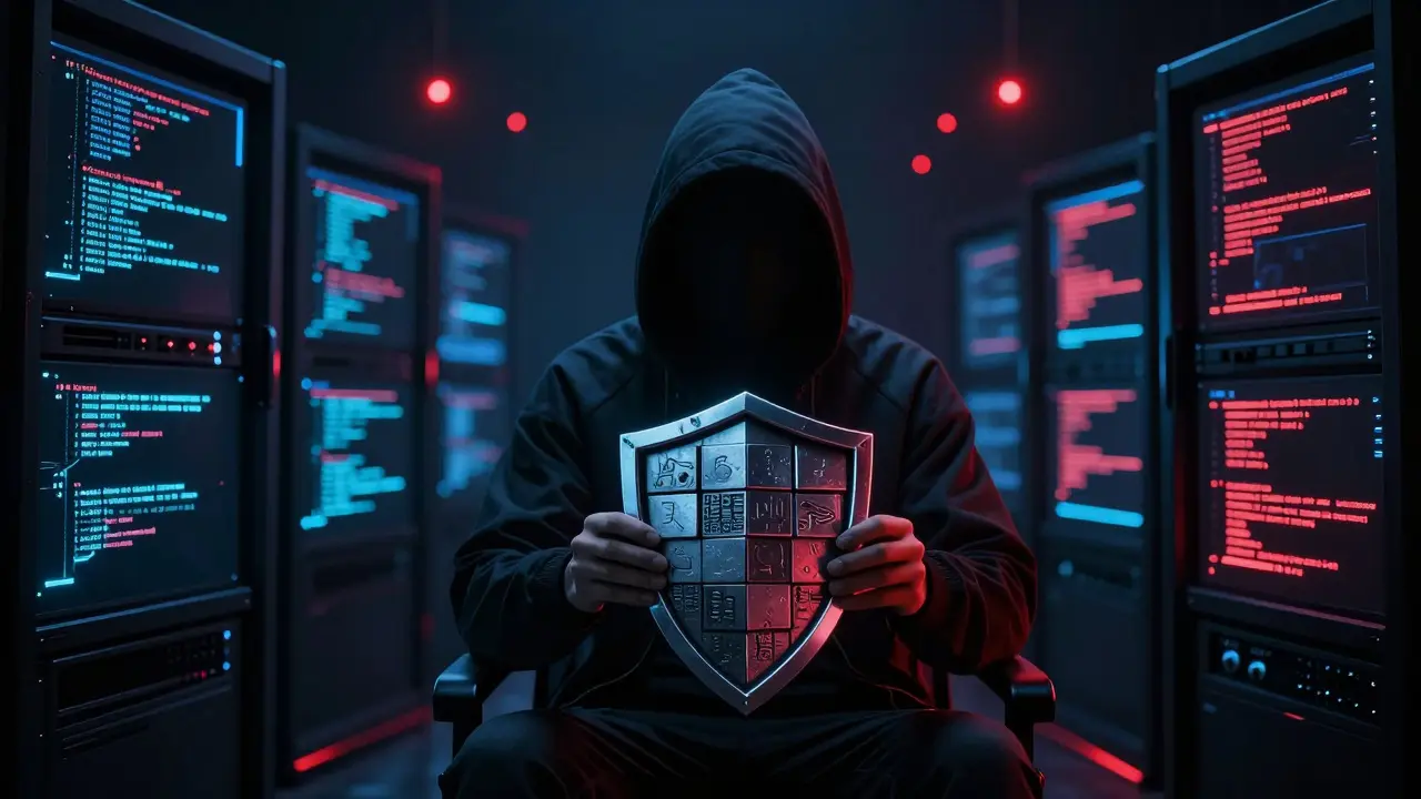 Hooded hacker protecting digital assets from red threat signals in a dark server room.