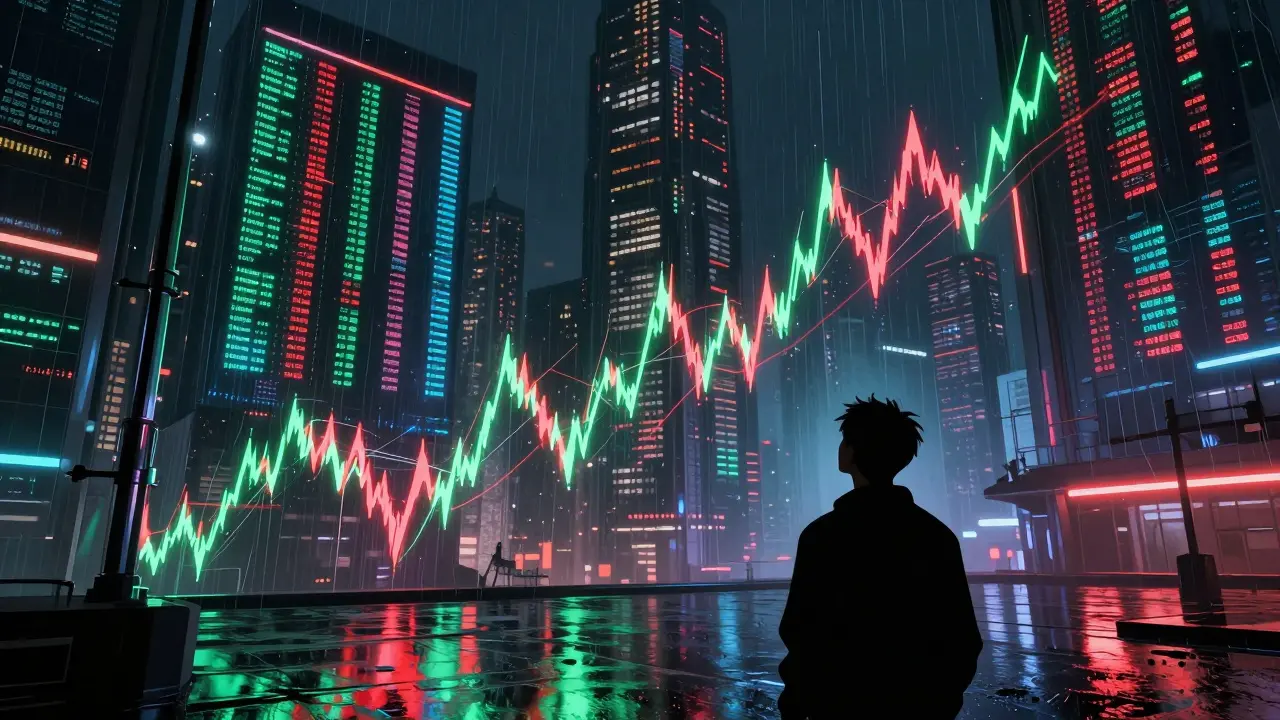 Neon line graph showing volatile crypto prices slashing through a rainy cyberpunk cityscape.