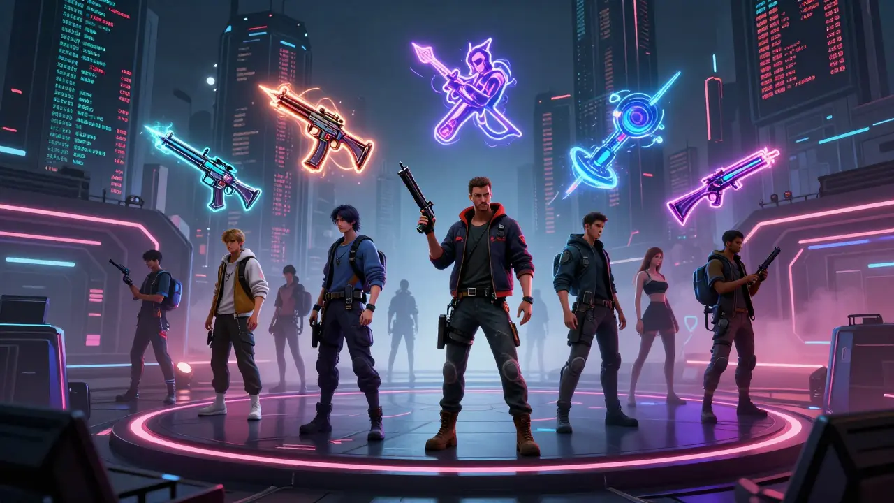 Neon-lit cyberpunk scene of gamers trading interoperable NFTs across platforms.
