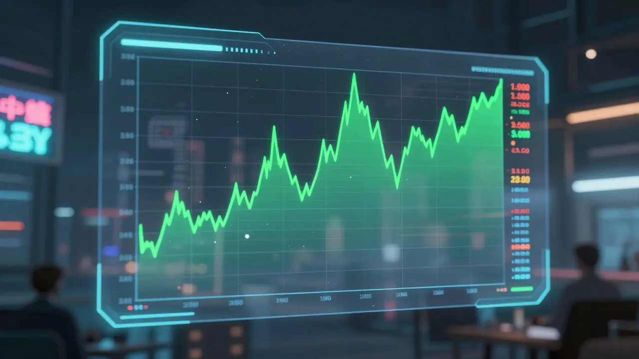 Neon market chart spiking then fading in cyberpunk style