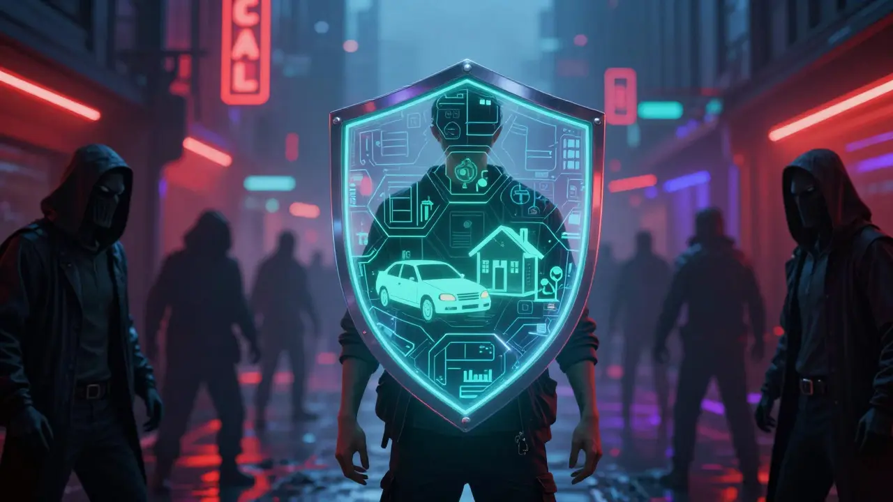 Person protected by digital shield from external threats in a neon city