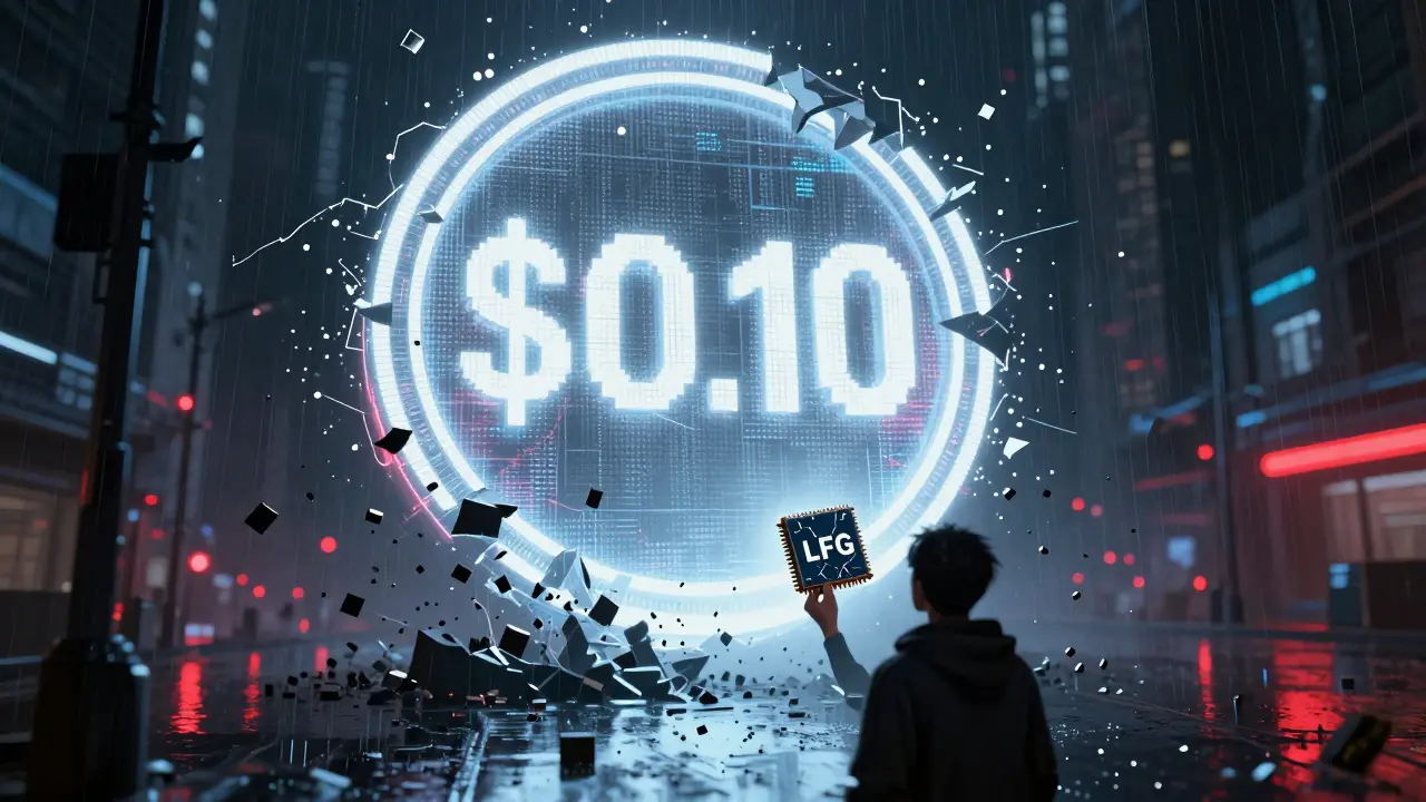 Shattered digital token structure symbolizing 99% value crash