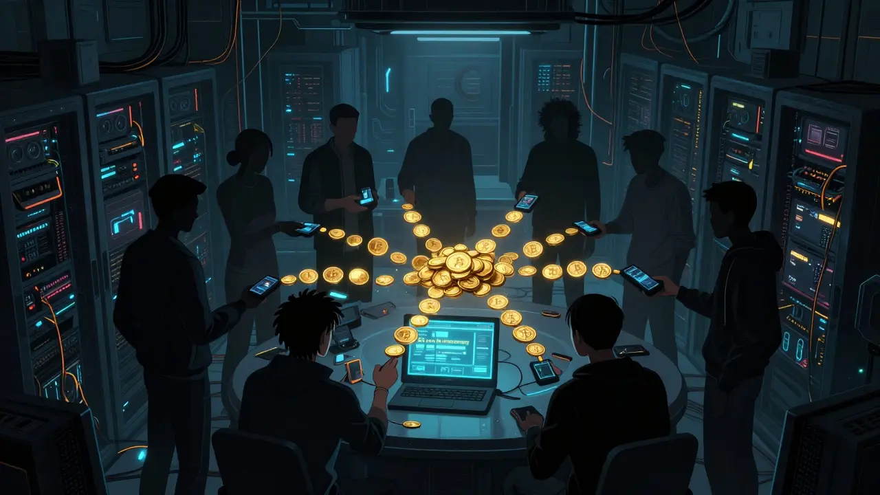 Silhouettes donating digital tokens to a victim in a cyberpunk server room