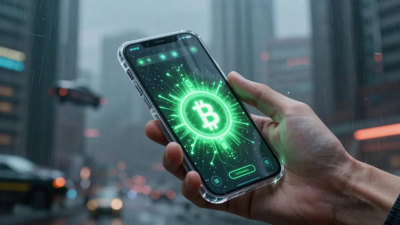 Smartphone showing instant crypto-to-cash conversion in cyberpunk city