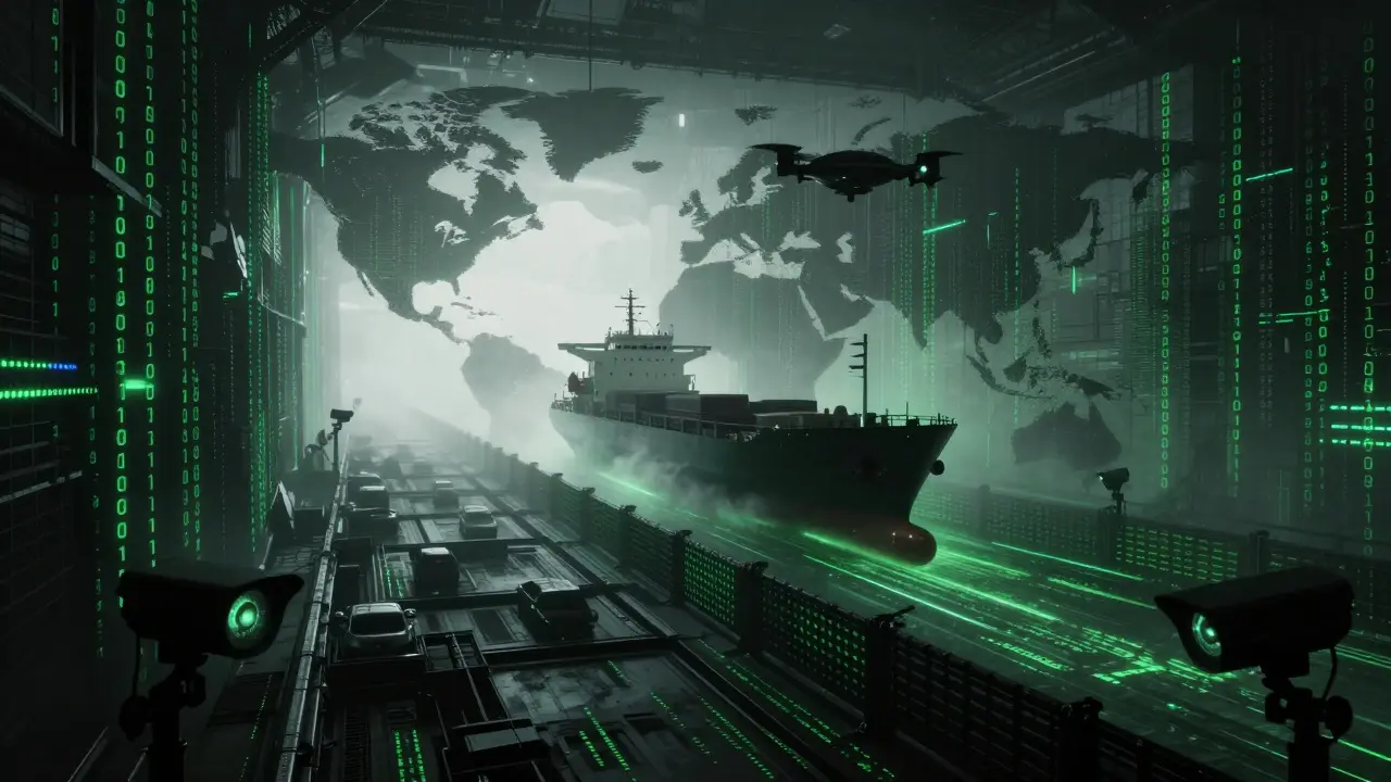 Surveilled cargo drone navigating digital trade loophole in fog