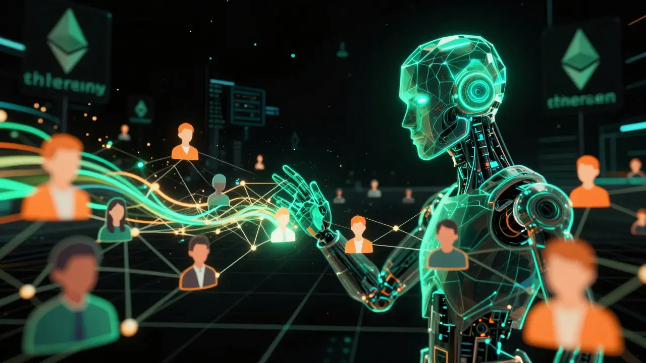 AI robot head connecting with human avatars via neon data streams