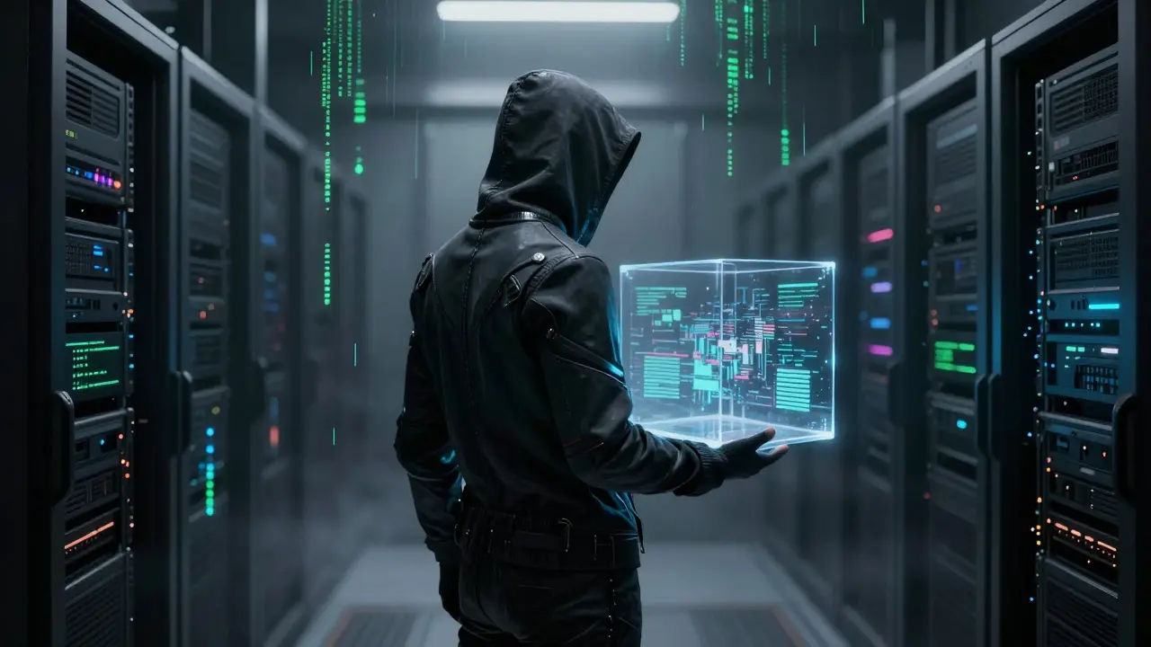 Anonymous hooded figure holding an empty data cube in a server room
