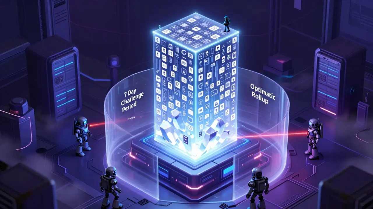 Conceptual art of optimistic rollup batching and fraud proof challenge period