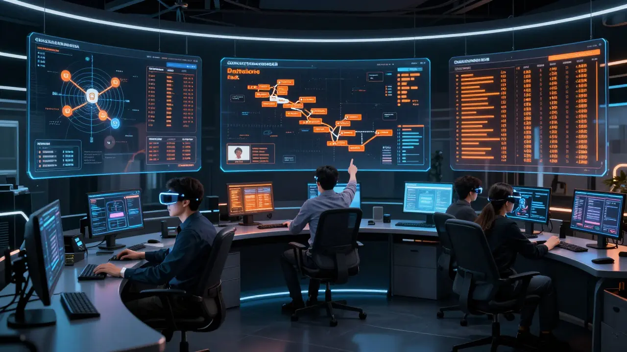 Cyberpunk analysts monitoring crypto compliance dashboards