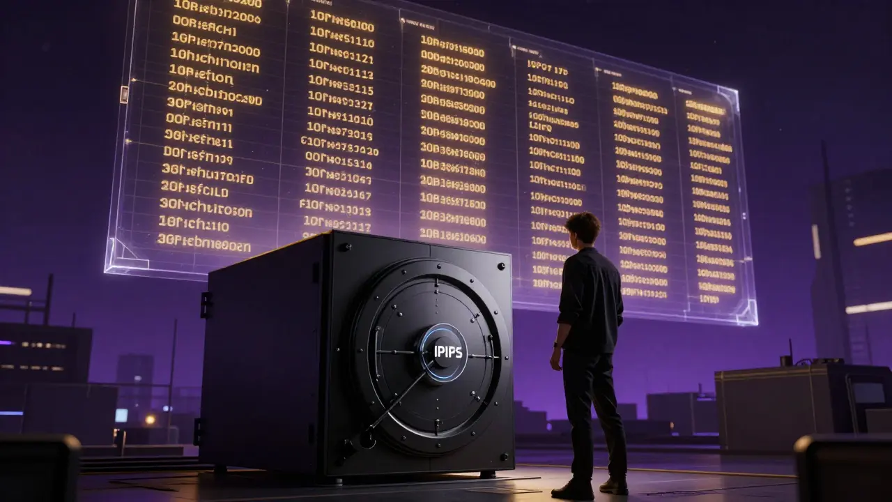 Cyberpunk art showing off-chain data vault and on-chain hash ledger