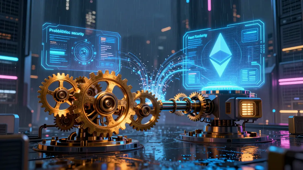 Cyberpunk concept art depicting hybrid blockchain finality merging mechanical gears with holographic data layers.