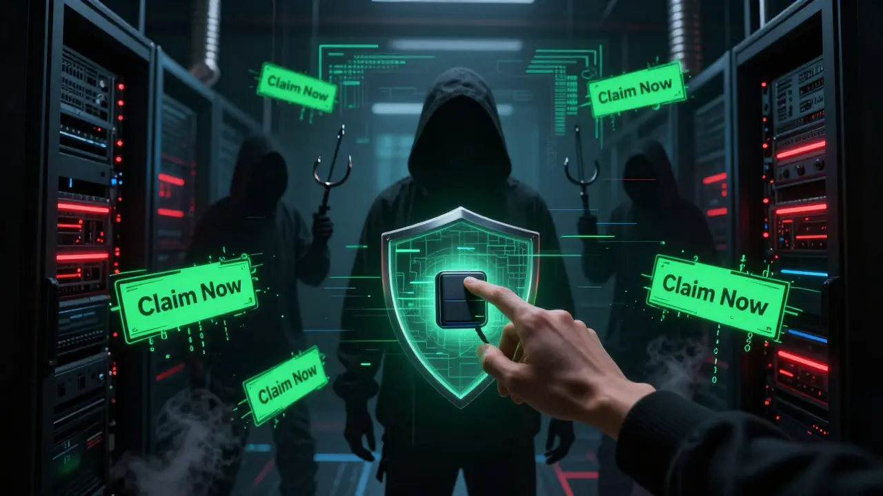 Cyberpunk scene depicting crypto scams and phishing threats near a web3 wallet