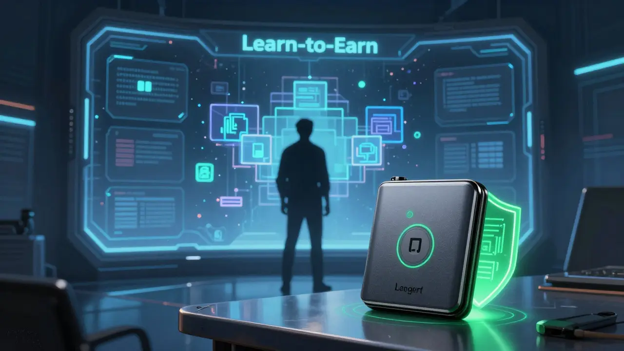Cyberpunk scene of a user accessing a VR learning portal while a secure hardware wallet glows safely nearby.