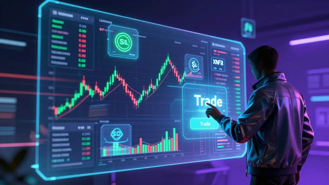 Cyberpunk trader interacting with a holographic Solana trading dashboard