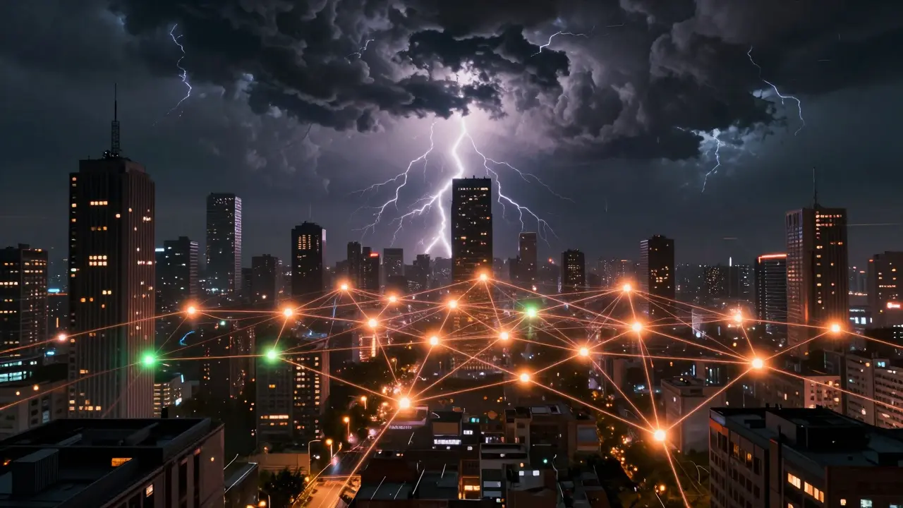 Decentralized network nodes glowing brightly while traditional towers fail during a cyberpunk storm.