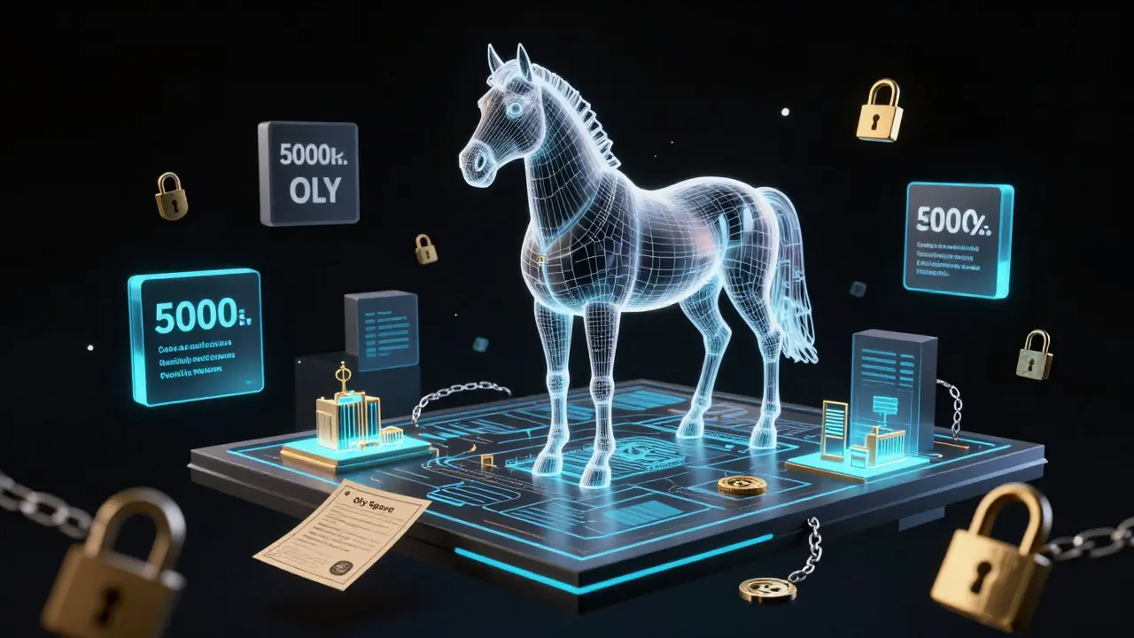 Digital horse NFT on virtual land with locked token supply blocks in cyber style