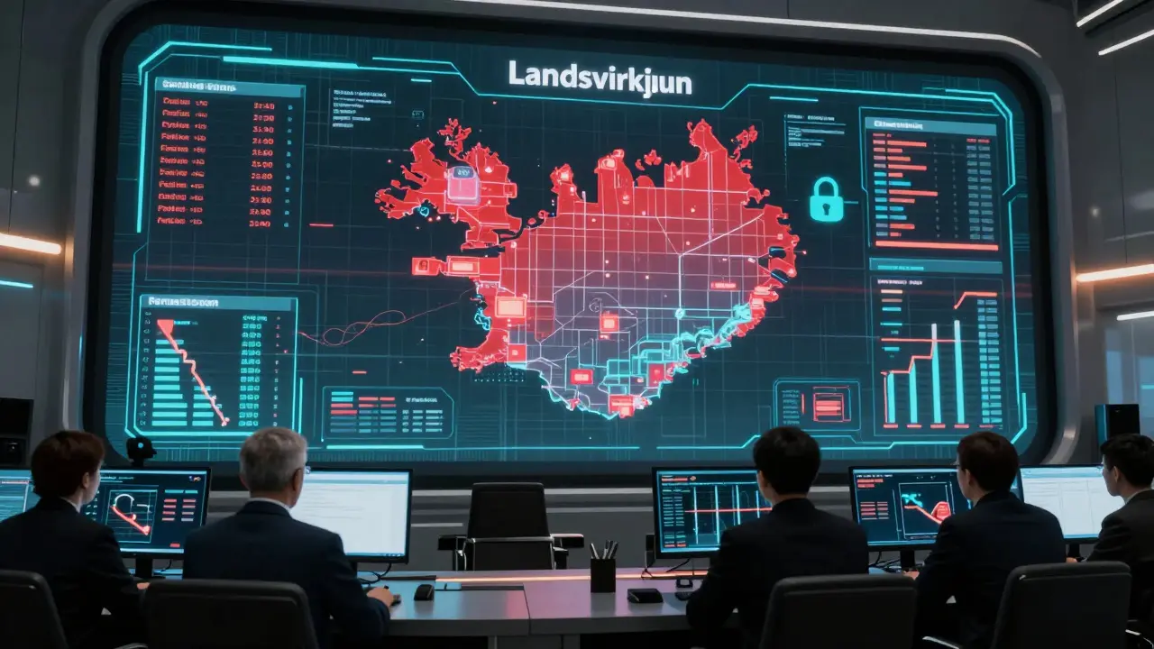 Futuristic control room monitoring Iceland's energy grid restrictions, cyberpunk