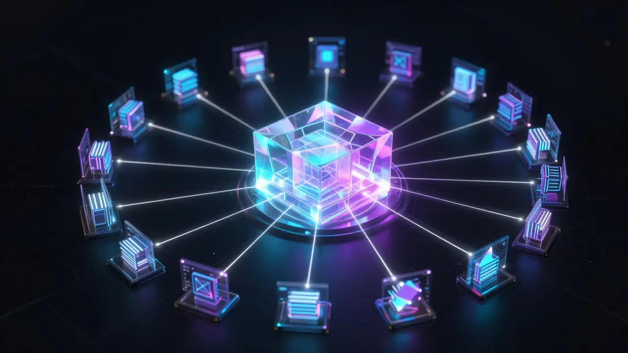 Futuristic cyberpunk art showing absolute finality with holographic validators and instant light beams.