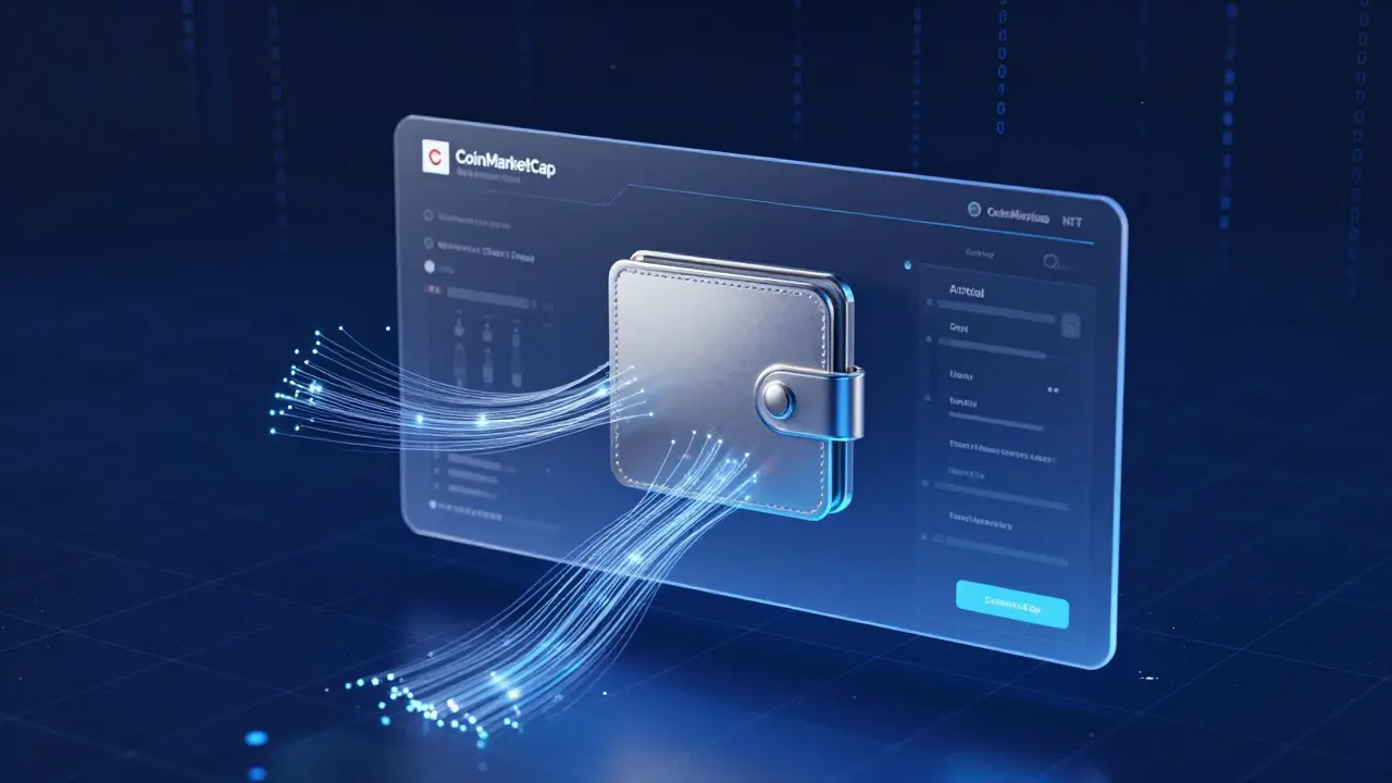 Futuristic digital wallet connecting to blockchain network in cyber style