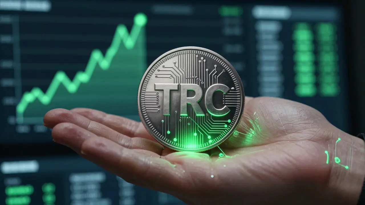 Futuristic TRC token glowing in hand with trading terminal background