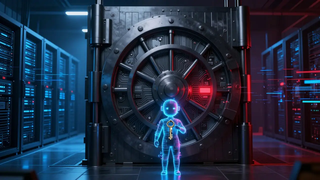 Futuristic vault door with digital avatar holding a glowing key