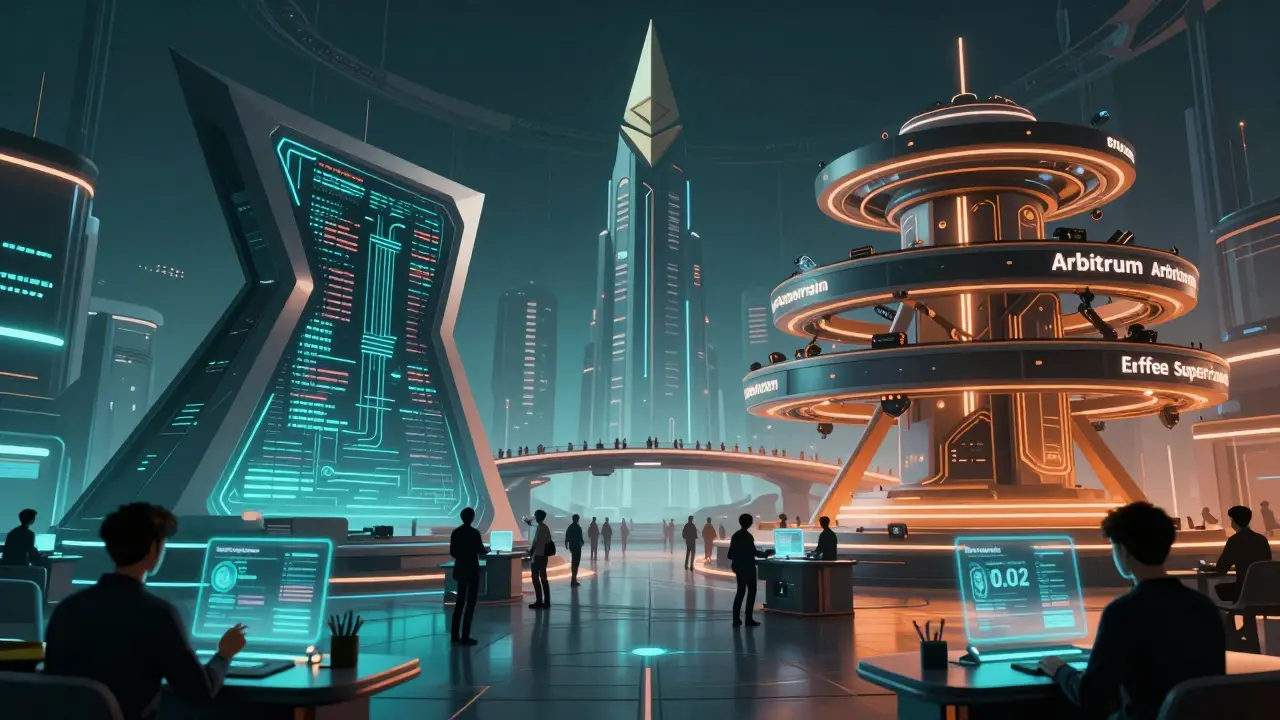 Futuristic view of Arbitrum and Optimism networks scaling Ethereum