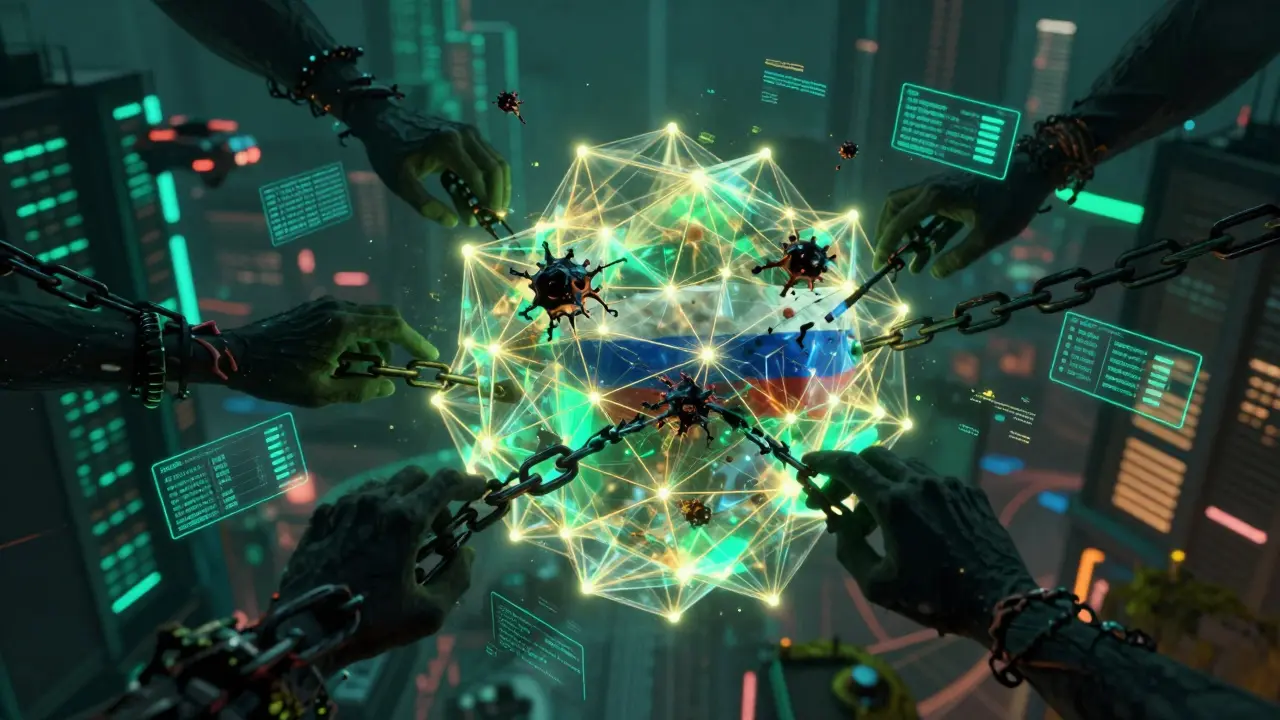 Glitchy cyberpunk art showing blockchain sanctions evasion