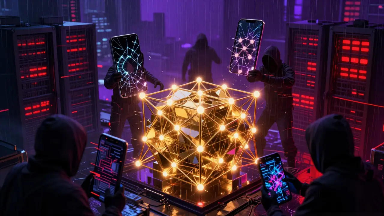 Glowing blockchain nodes under attack by shadowy hackers in a dark cyberpunk city
