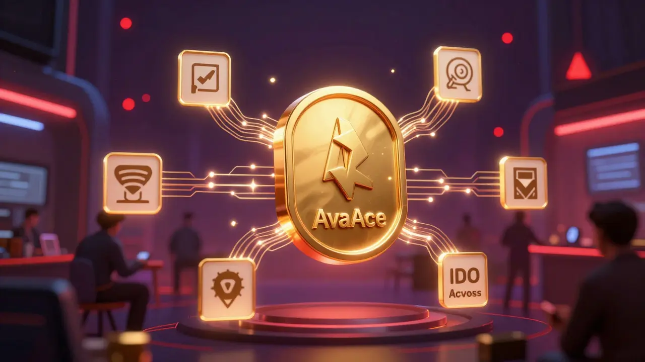 Golden AvaAce NFT connected to utility icons like staking and voting in a busy, risky digital marketplace.