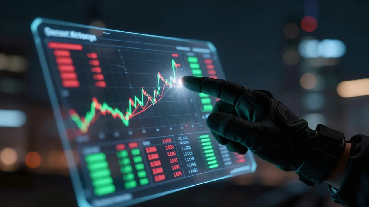 Hand interacting with a holographic crypto trading interface