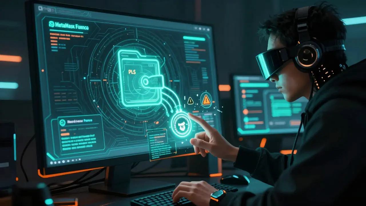Holographic DeFi wallet swapping tokens in a dark cyberpunk interface