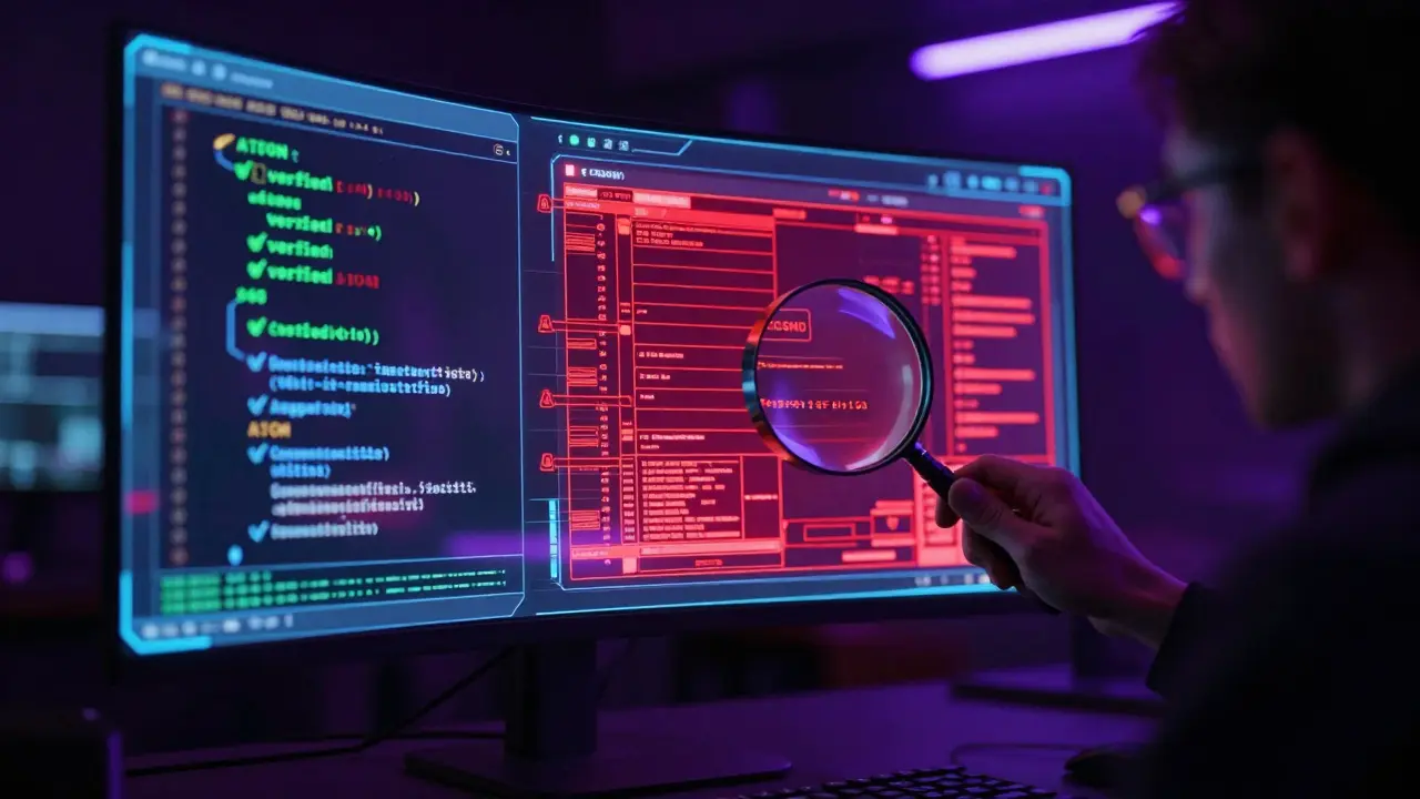 Holographic screens showing verified ATOM data vs glitching COSMO warnings